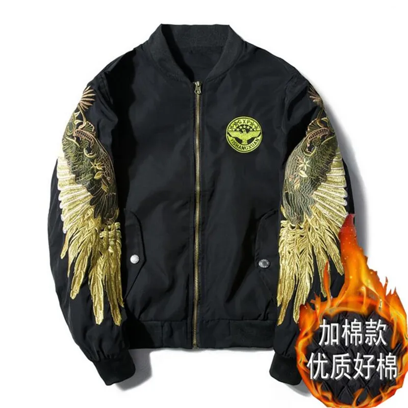 

Mens Autumn Jacket Embroidery Gold Eagle Wings Stand Collar Bomber Jacket Fashion Outwear Men Coat Jacket