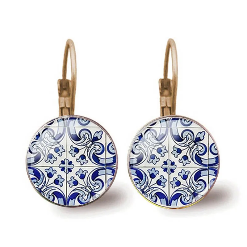 Португальские графические серьги в виде плитки мандалы с португальскими цветами