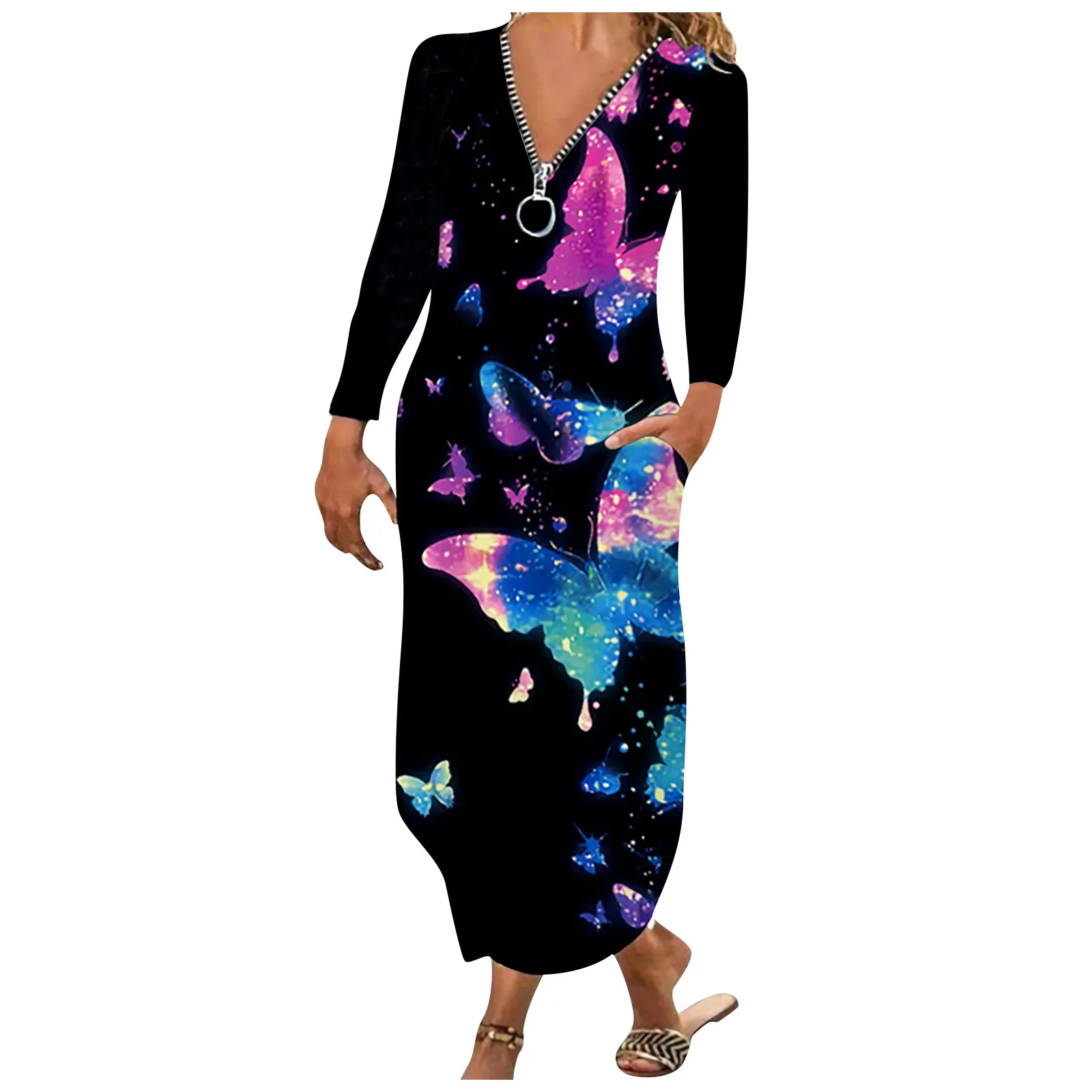 

Women Autumn Zipper Bohemian Dress Long Sleeve Flower Print Cover Ups Tunic Sexy Deep V-Neck Robe Vestidos платье женское