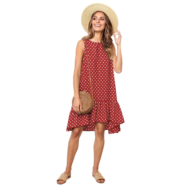 

Women Summer Dress Polka Dot Chiffon Sleeveless Beach Dresses Mini Casual Red Ruffle Sundress 2021 Baggy Dress for Women