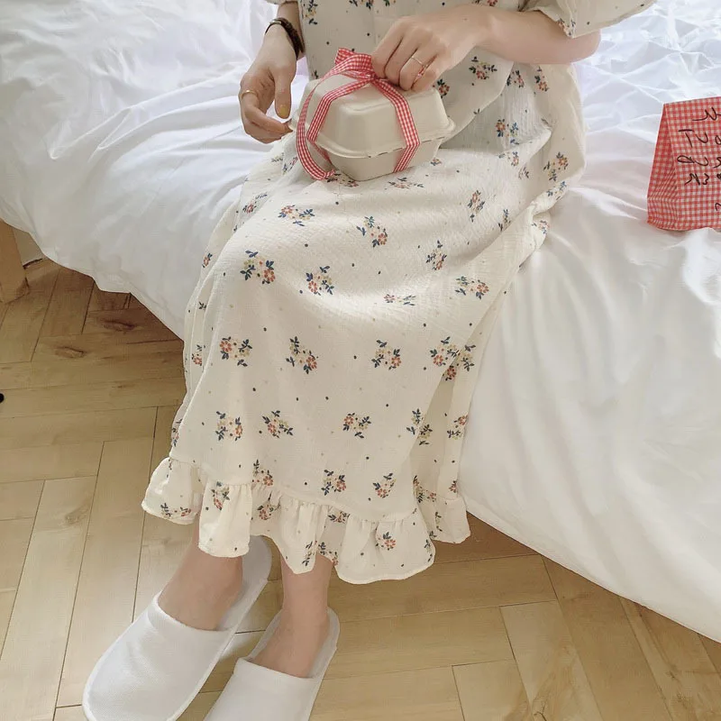 Korean Summer Cotton Nightdress Women's Flower Nightgown Short Sleeve Dress Ruffle Sweet Housewear Female Sleepwear Lnightwear