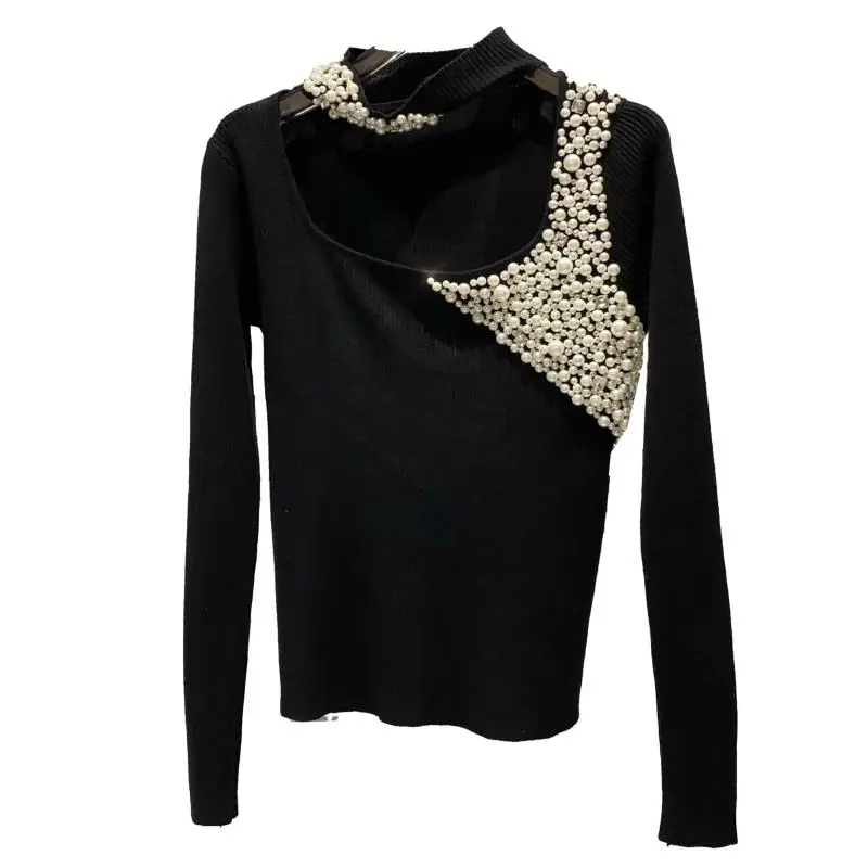 

New Womens Pearls Beading Hollow Out Turtleneck Design Long Sleeve T-shirt Office Lady Elegant Skinny Stretch Knitted Pullover