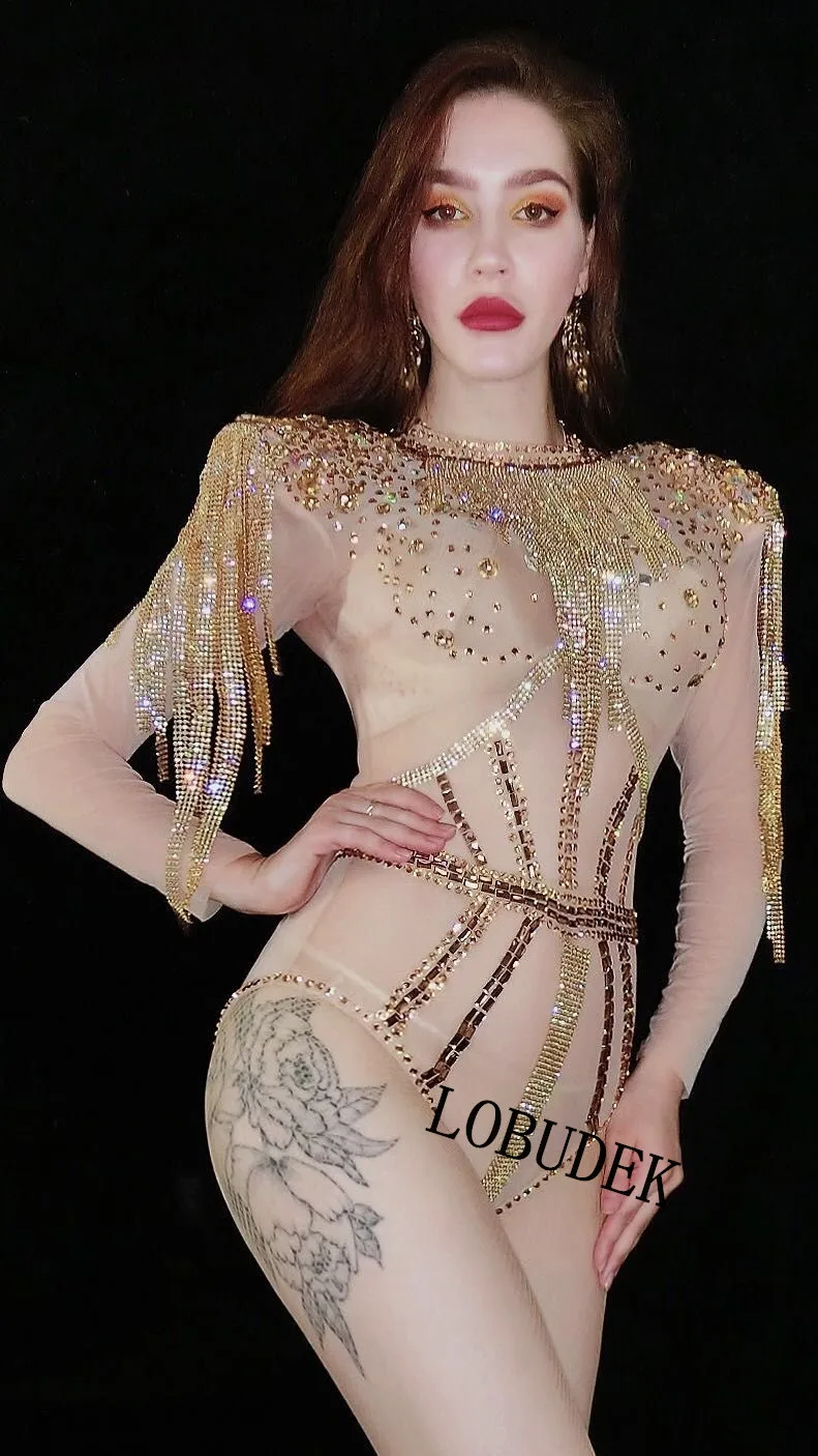 Bar Nightclub Women Stage Wear Gold Rhinestones Tassel Mesh Bodysuit Sexy See Through Singer Dancer Concert Performance Costume