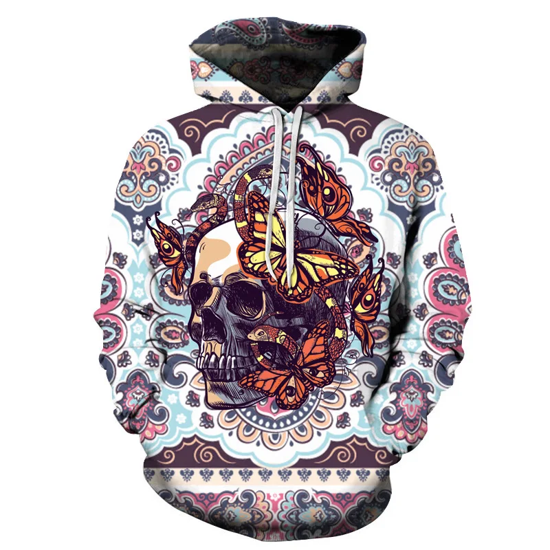 Осенняя мужская забавная черная толстовка с 3D-принтом и черепом уличная одежда