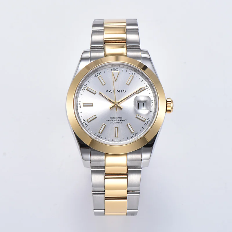 Casual Parnis White Dial Automatic Men's Watches Calendar Gold Silver Strap Mechanical Men Watch zegarek meski top luxury brand |