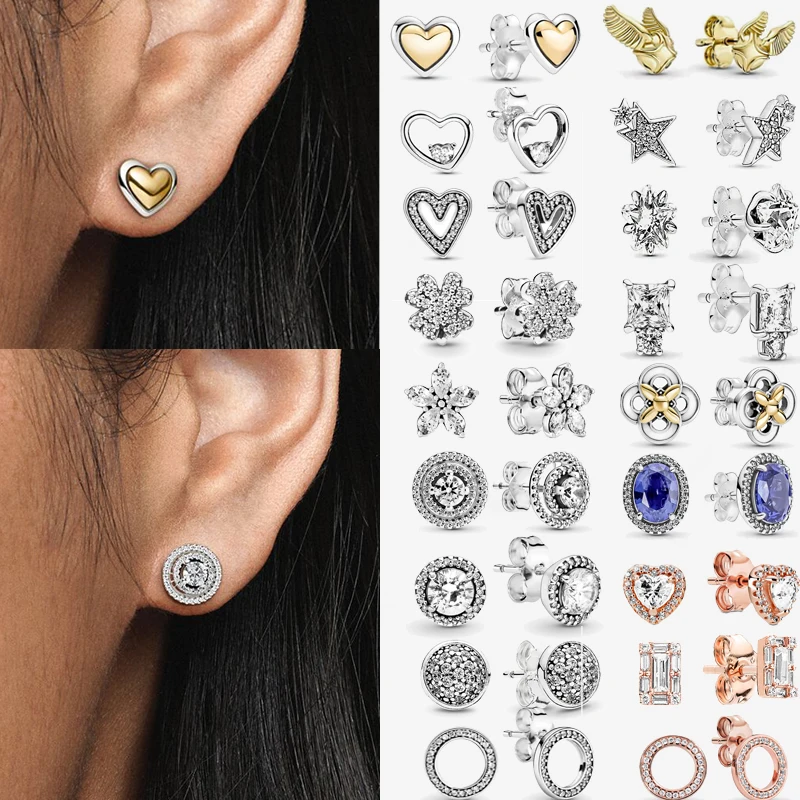 

Trendy Authentic Sterling Popularity Earring Domed Golden Color Heart Sparkling Stud Earrings Women Birthday Jewelry Gift