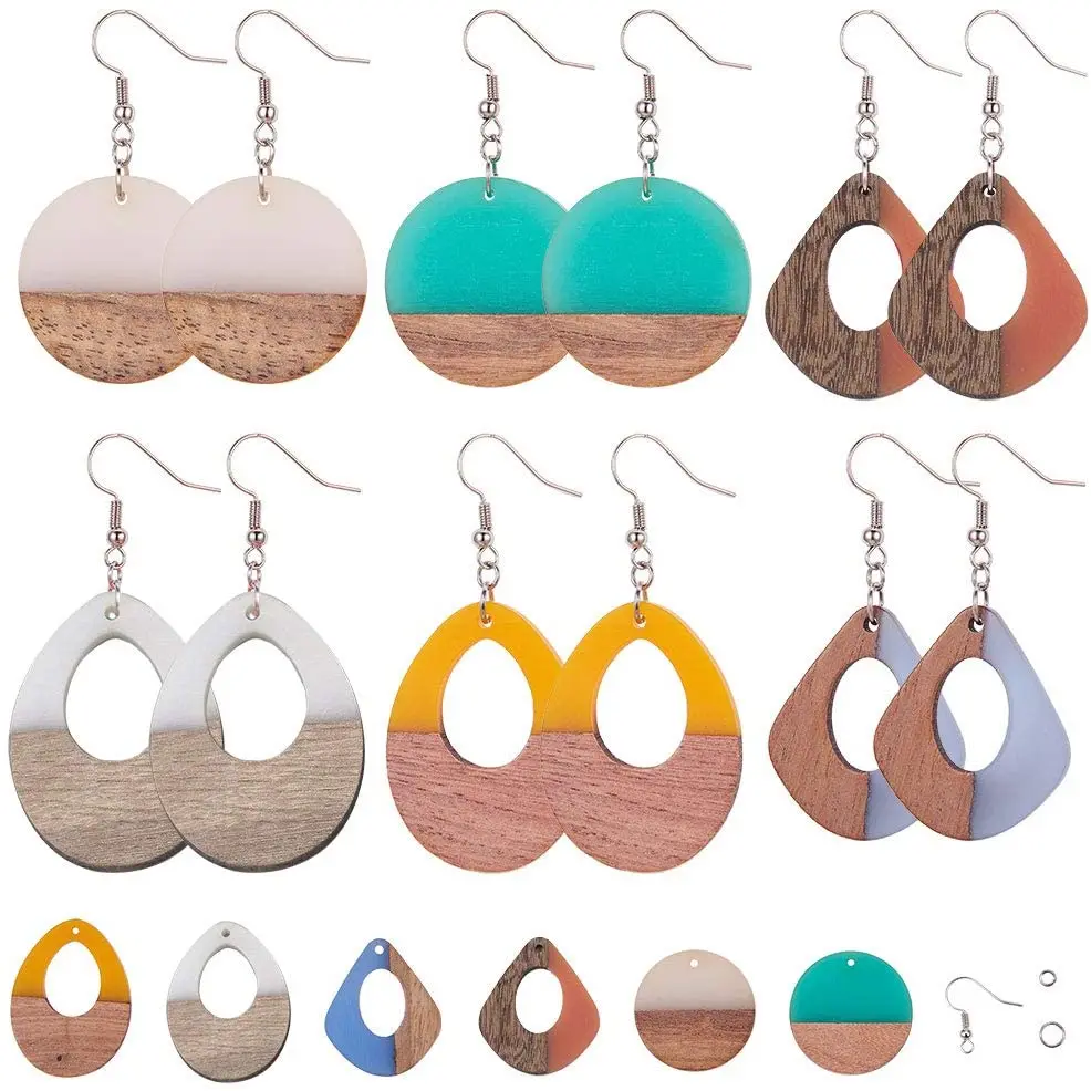 

1 Bag 64Pcs 6 Colors Resin Wood Dangle Drop Earring Making Starter Kit Lightweight Round Drop Resin Wooden Pendant Charms