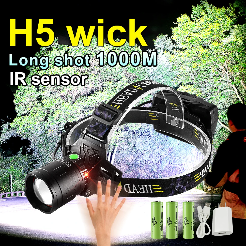 

600000LM IR Sersor Headlamp Flashlight Head Torch H5 Wick LED Head lamp 18650 Rechargeable Usb headlight Fishing xhp90.2 Lantern