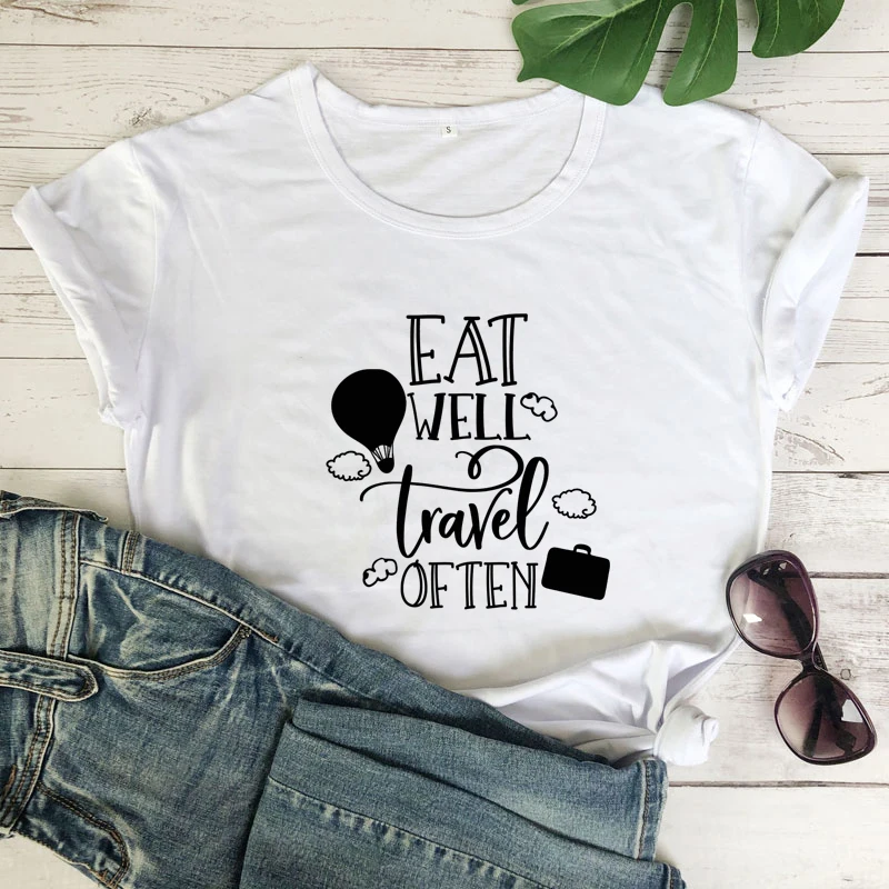 

Eat Well Travel Often T-shirt Cute Women's Graphic Outdoors Adventure Tee Top Funny Summer Short Sleeve Vacation Gift Tshirt