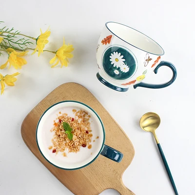 

460ML Ceramic Underglaze Daisy Mug Nordic Large Capacity Oatmeal Breakfast Cup Milk Coffee Tea Mug Drinkware Free Shipping