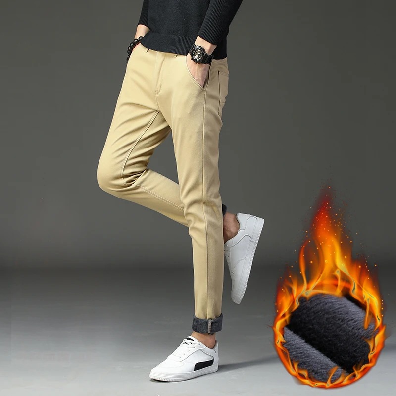 Зимние новые мужские теплые повседневные брюки бизнес мода Slim Fit стрейч плотные брюки мужские брендовые хаки ВМФ серые брюки - Цвет: Хаки
