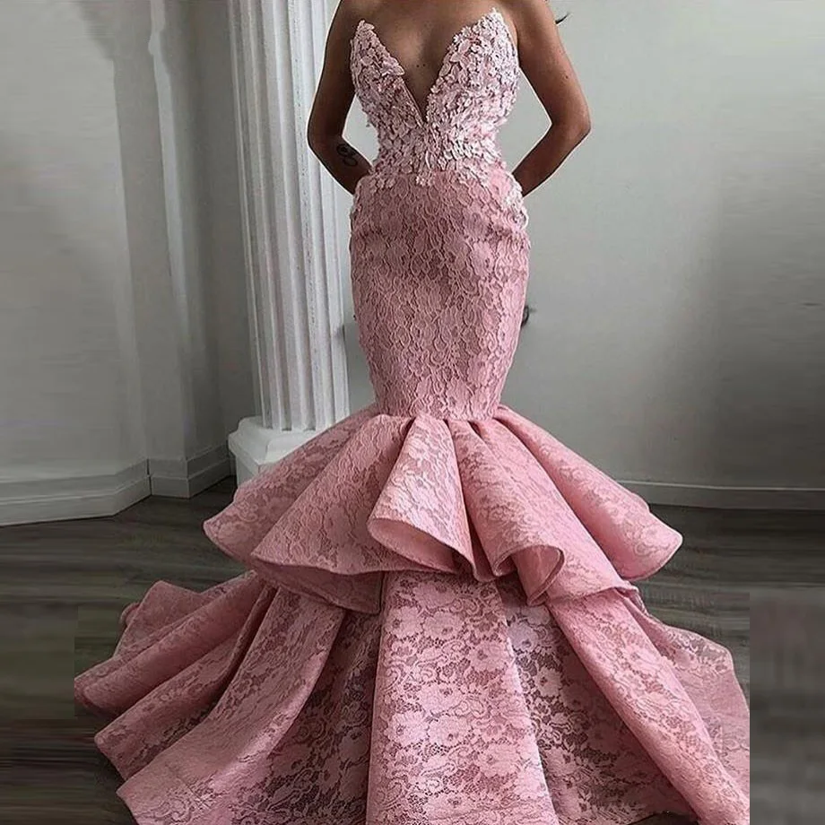 

robe de soiree Formal Dress Mermaid Off Shoulder Ruffles Pink Evening Dresses abiye Long Party Gowns Lace abendkleider