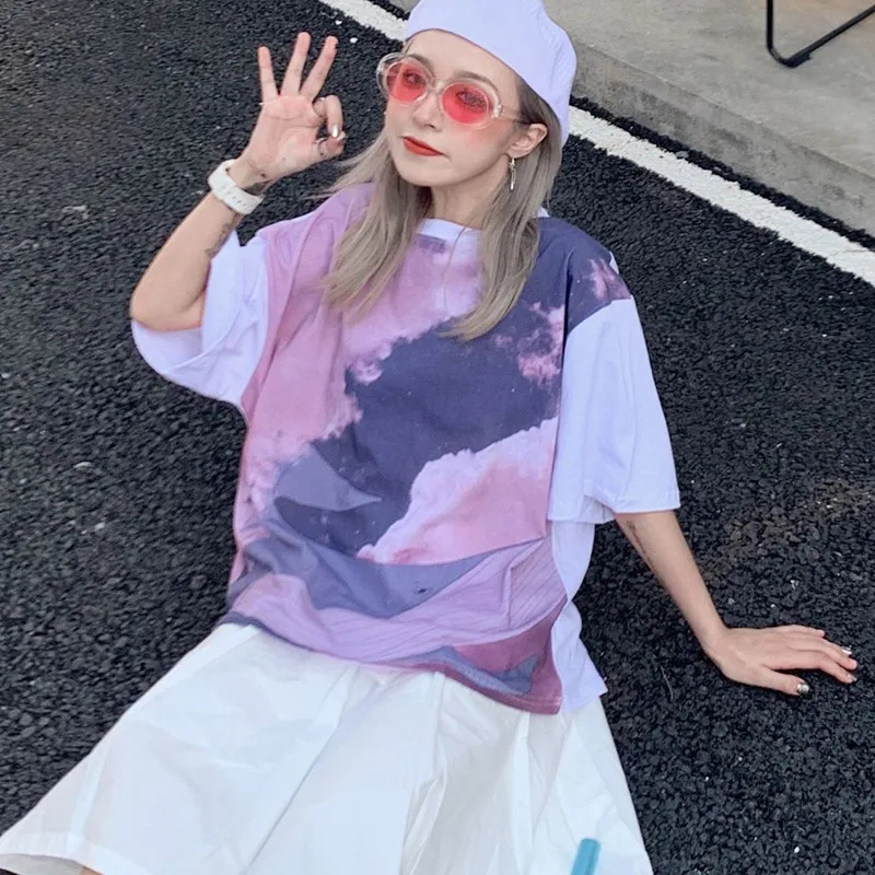 

Women Plus Size Tie-Dye Print Loose Casual Streetwear Short Sleeve Top Ladies Tee Shirt