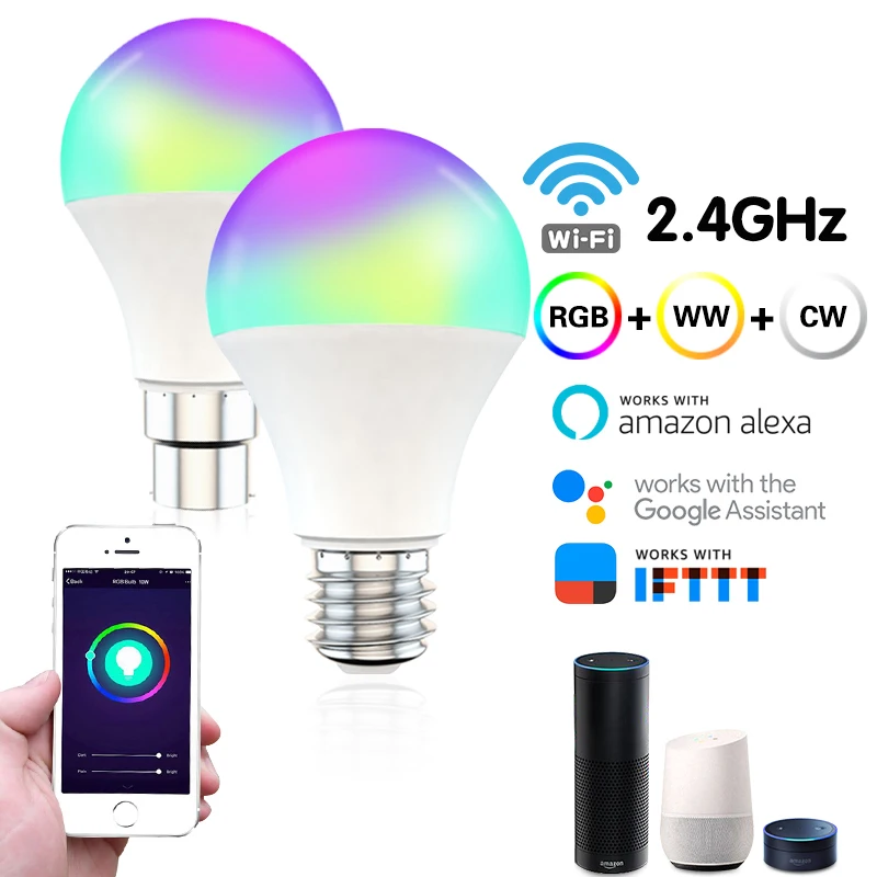 

15W WiFi Smart Light Bulb B22/E27 LED RGB Lamp Work With Alexa/Google Home 110-220V RGB+CCT Dimmable Timer Bulb Household