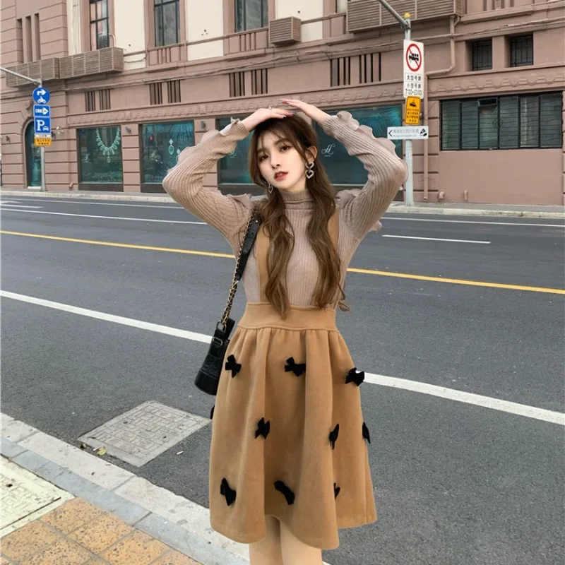 

Шерстяное платье на бретельках, женские короткие платья с завышенной талией, Осень-зима 2021, новое платье с бантом