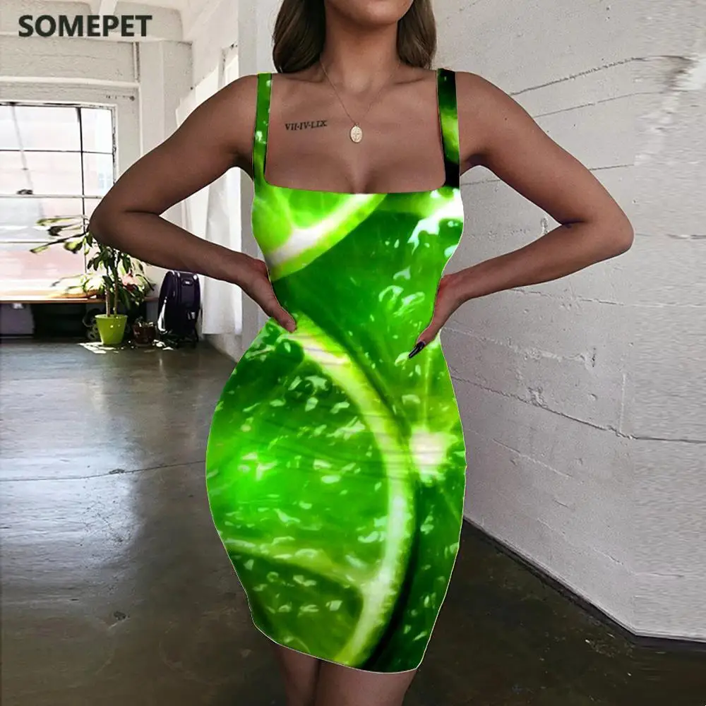 

SOMEPET Lemon Dress Women Fruit 3d Print Food Ladies Dresses Green Sundress Womens Clothing Summer New Korean Style Femme