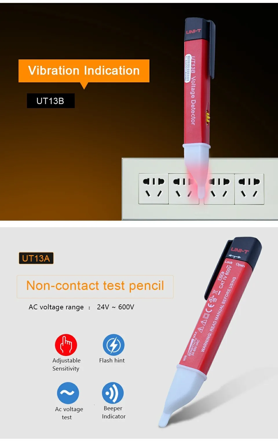 UNI-T UT13A/B ручной детекторы напряжения переменного тока 24V~ 1000 V 50/60Hz вольт тестер ручка регулируемая чувствительность(Высокочувствительный