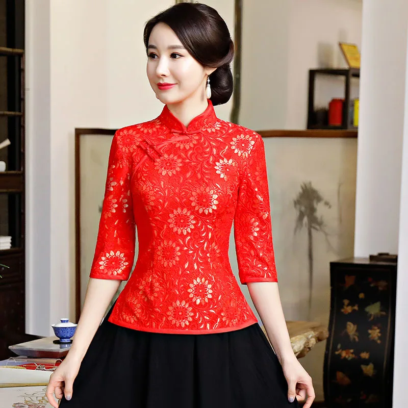 Фиолетовая Летняя женская рубашка топы в традиционном китайском стиле кружевная