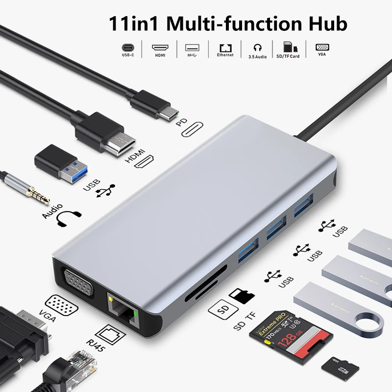 

doqo 11 in 1 Type-C Data Hub USB3.0 USB 2.0 Docking Station 4K 30Hz HDMI-compatible VGA Gigabit Network Port 3.5mm Jack SD/TF