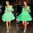 Модное зеленое короткое фатиновое женское платье 2020 мини ТРАПЕЦИЕВИДНОЕ женское платье es See Thru с короткими рукавами Vestidos халаты на заказ
