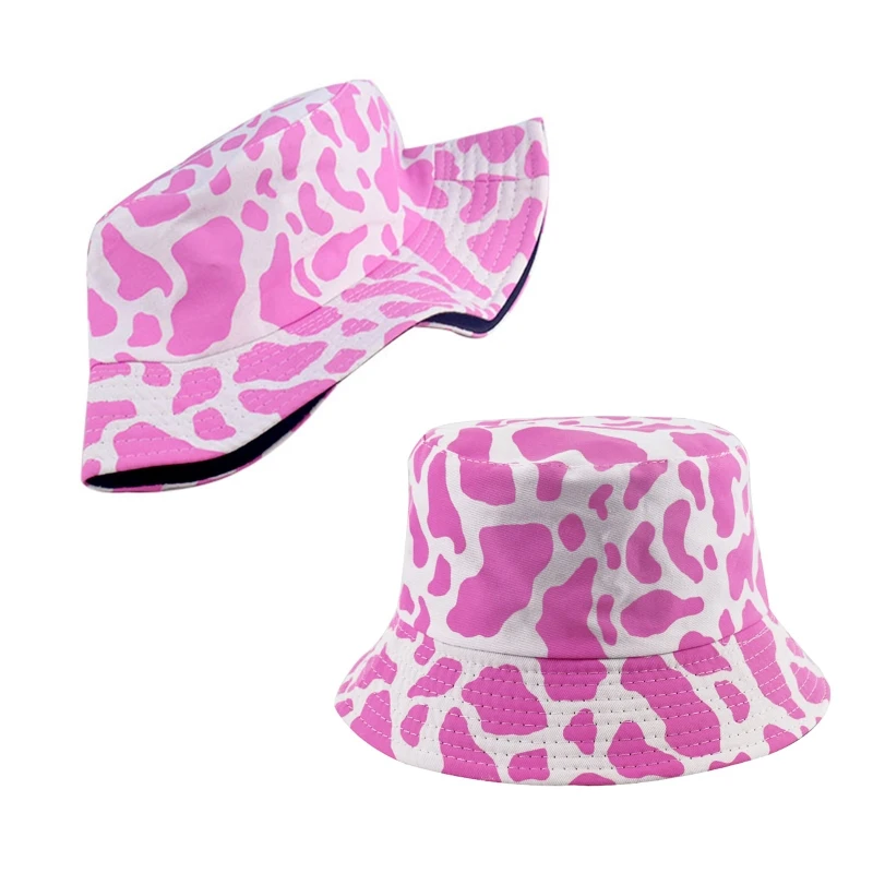 

Unisex Harajuku Pink White Cow Print Bucket Hat Reversible Panama Fisherman Cap N58F