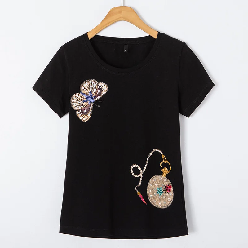 

Summer 2020 New Women's T-shirt Korean Style Top Diamond Butterfly Slim-Fit Clothes Female Versitile O-Neck Tshirts