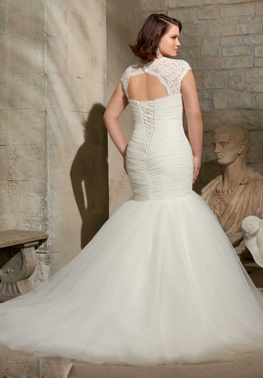 

Elegant White Ivory Pleats Tulle Mermaid Bridal Gown Sweep Train Cap Sleeve Vestido De Novia Custom mother of the bride dresses