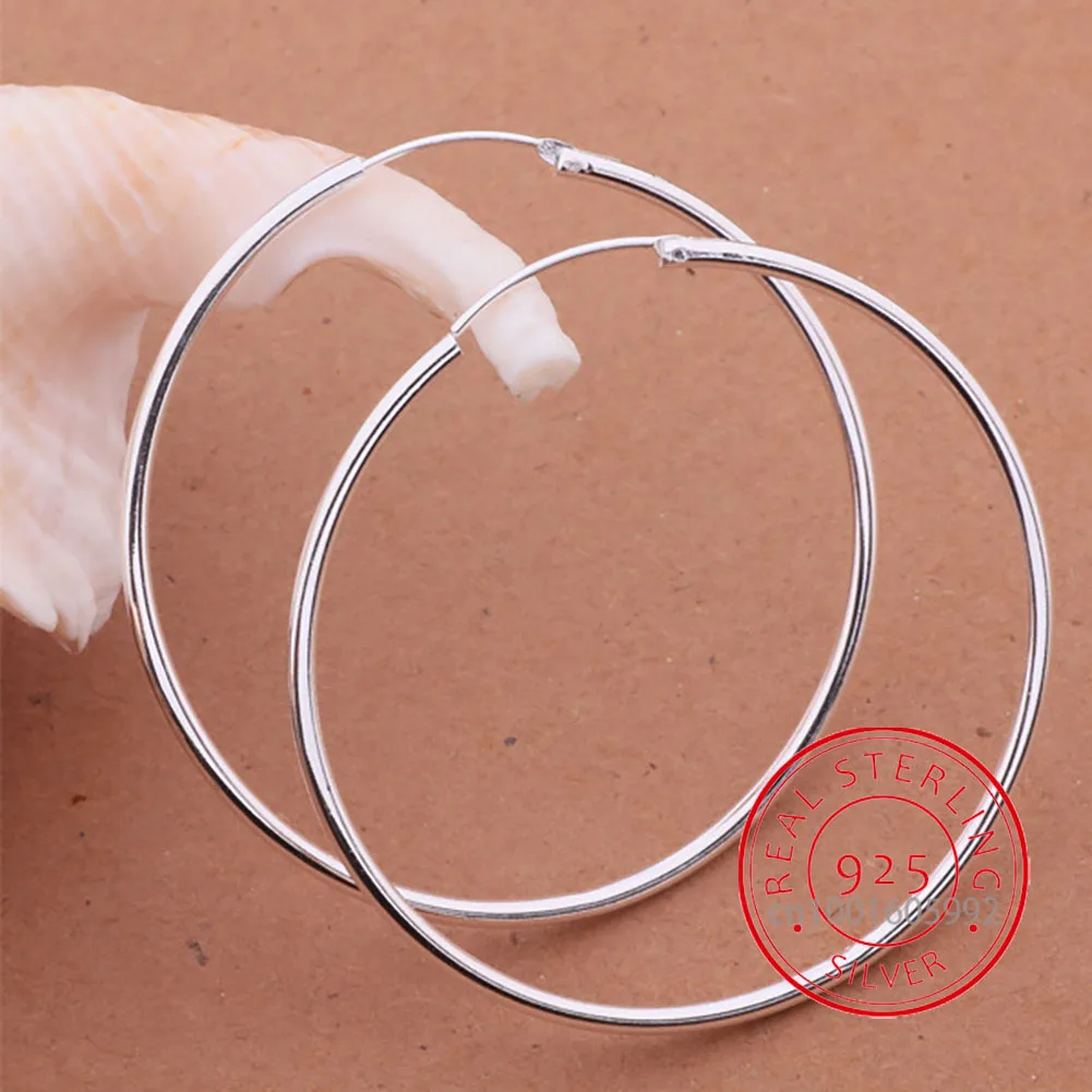 

100% Pure 925 Sterling Silver Hoop Earrings For Women 50mm 60mm Round Circle Loop Simple Woman Silver Hoop Earrings