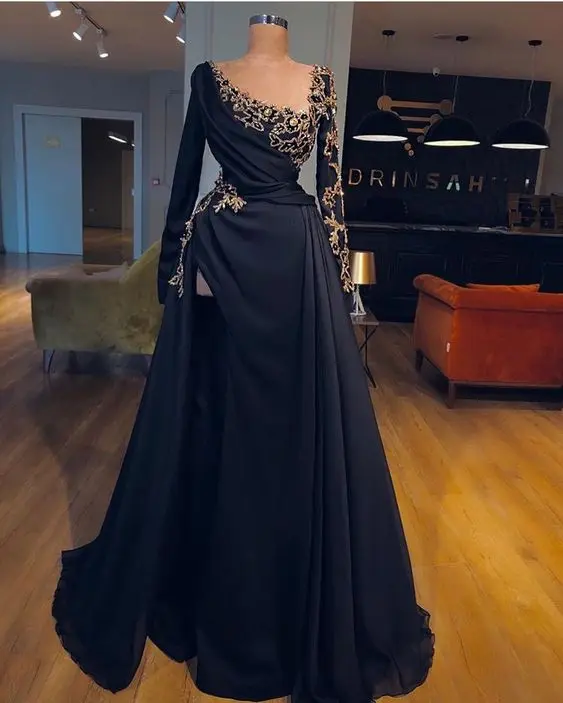 Black Long Chiffon Evening Dresses 2021 Sleeve High Split Side Gold Appliques Formal Party Gown Robe De Soiree | Свадьбы и торжества