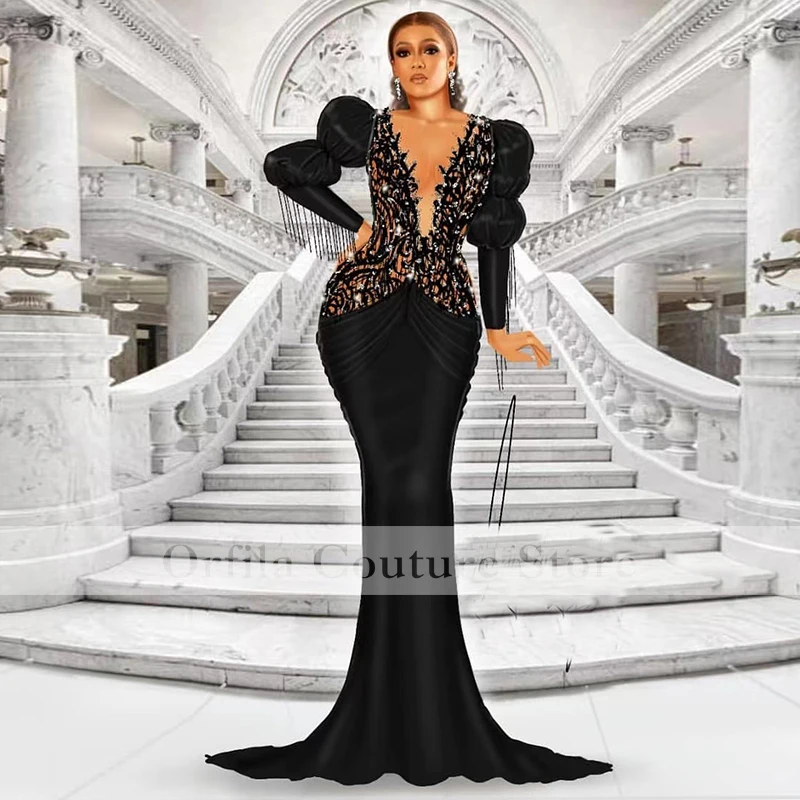 

Sexy Black Prom Dress Long Sleeves Sequins Lace 2022 Satin Middle East Party Gowns Mermaid Maxi Evening Dress