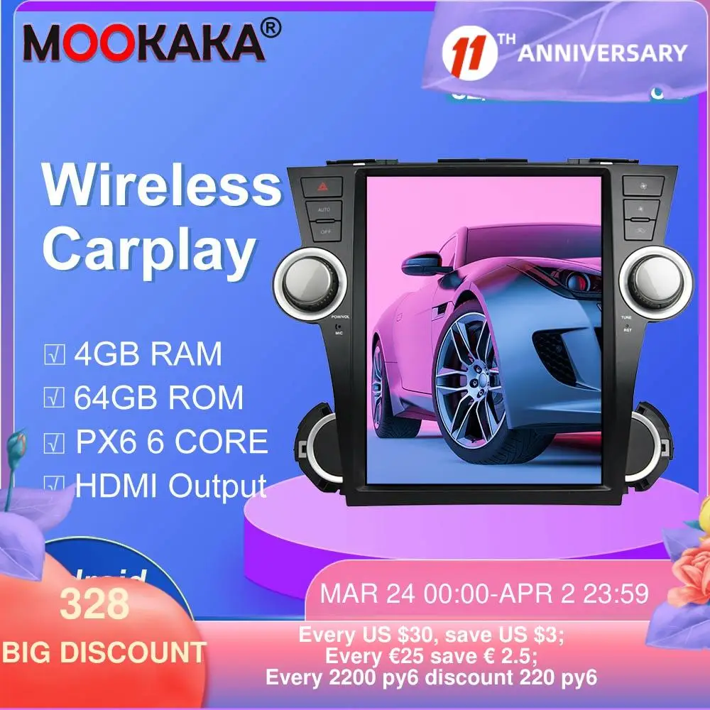 

64GB Px6 Tesla Style Multimedia Player Android 9 Vertical screen GPS for Toyota Highlander 2008 GPS Navigation Player