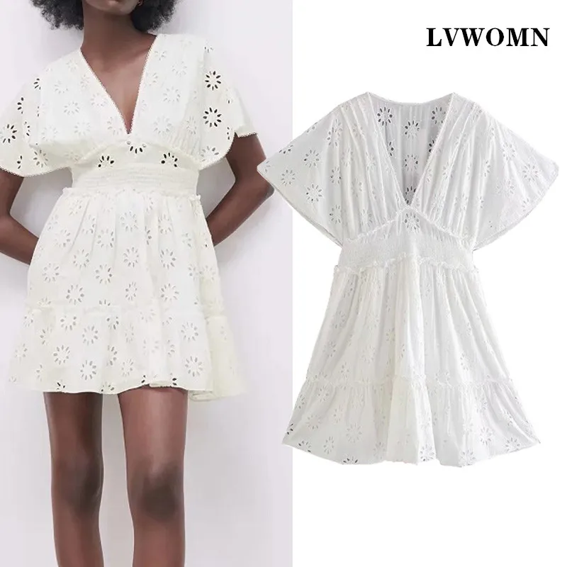 

Женское короткое платье с вышивкой LVWOMN Za, Летнее белое мини-платье с вышивкой, женские повседневные платья с роговыми рукавами и эластичной ...