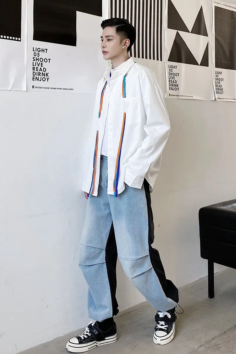 

IEFB Men's Wear Trendy White Loose Casual Shirt Color Woven String Design Long Sleeve Shirt Oversize Tops 2021 New Spring 9Y3761