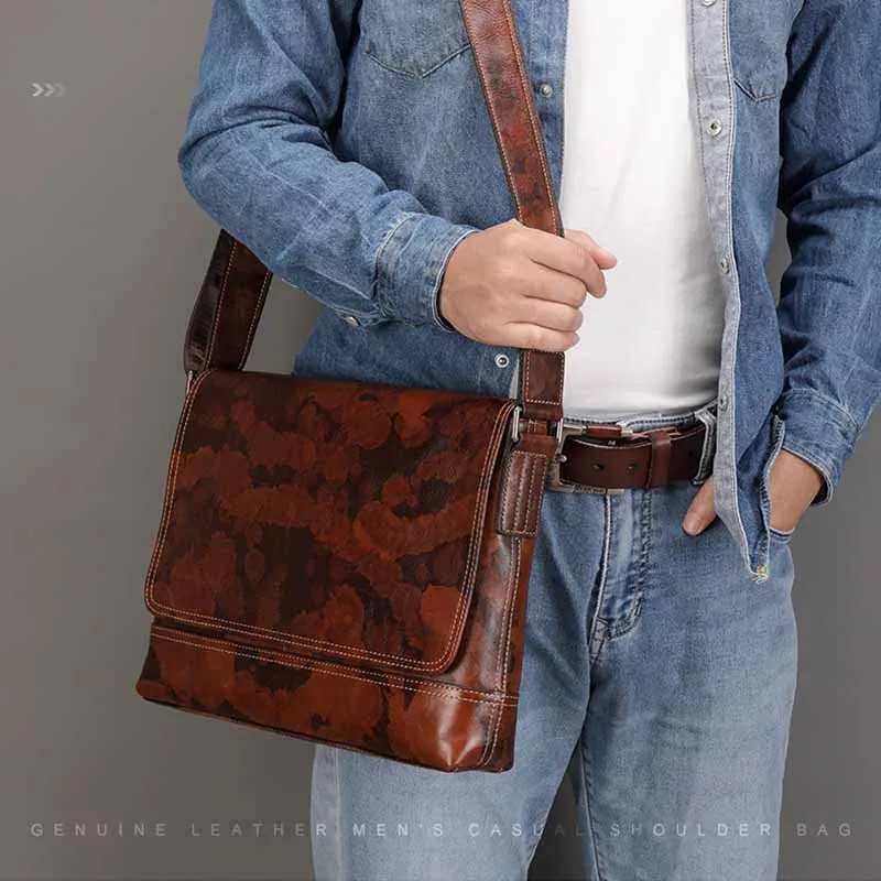 Luufan Genuine Leather Men Messenger Bag Vintage Crazy Horse Leather A4 Document Shoulder Bag Magnetic Flap Laptop Crossbody Bag