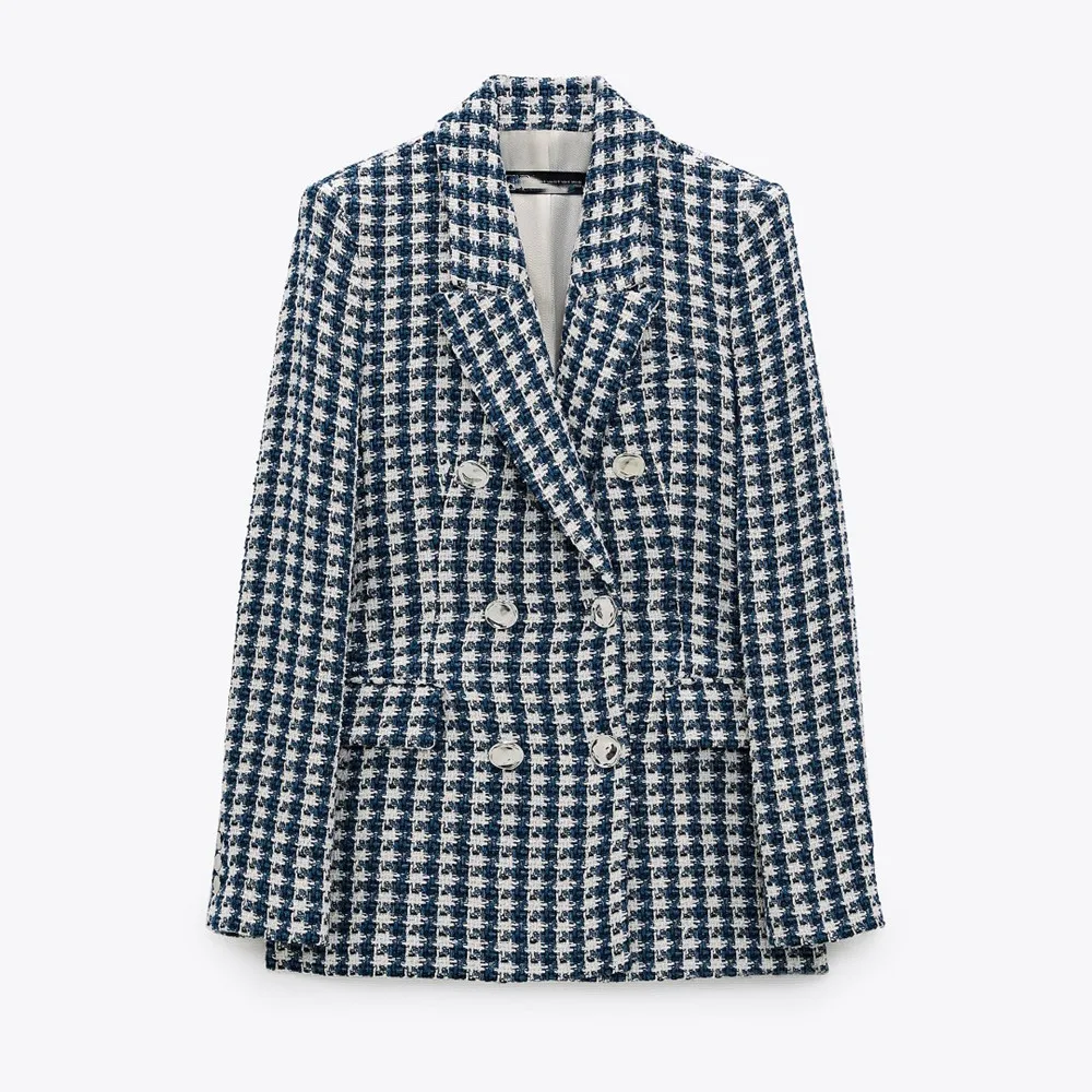 

Custom Women Coat Elegant Shawl Collar Double Breasted Raw Edge Houndstooth Tweed Blazer Coat