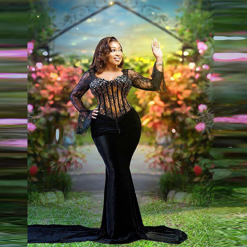 

Black African Mermaid Evening Dresses With Illusion Long Sleeves Velvet Party Gowns Aso Ebi Beaded Pearls Plus Size Prom Dress