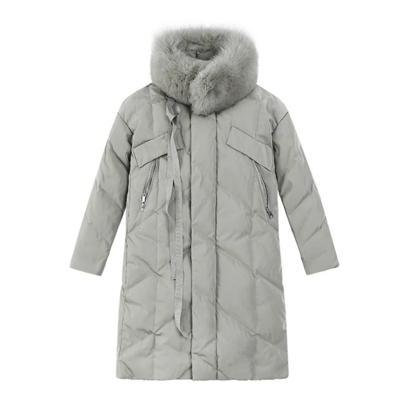 

2019 new style winter down jacket over knee medium and long style loose women coat white fox wool collar fashion lady clothes