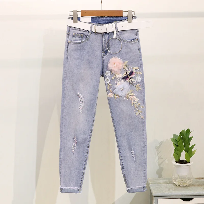 Летняя модная футболка с цветочной вышивкой джинсовый костюм хлопковая женские