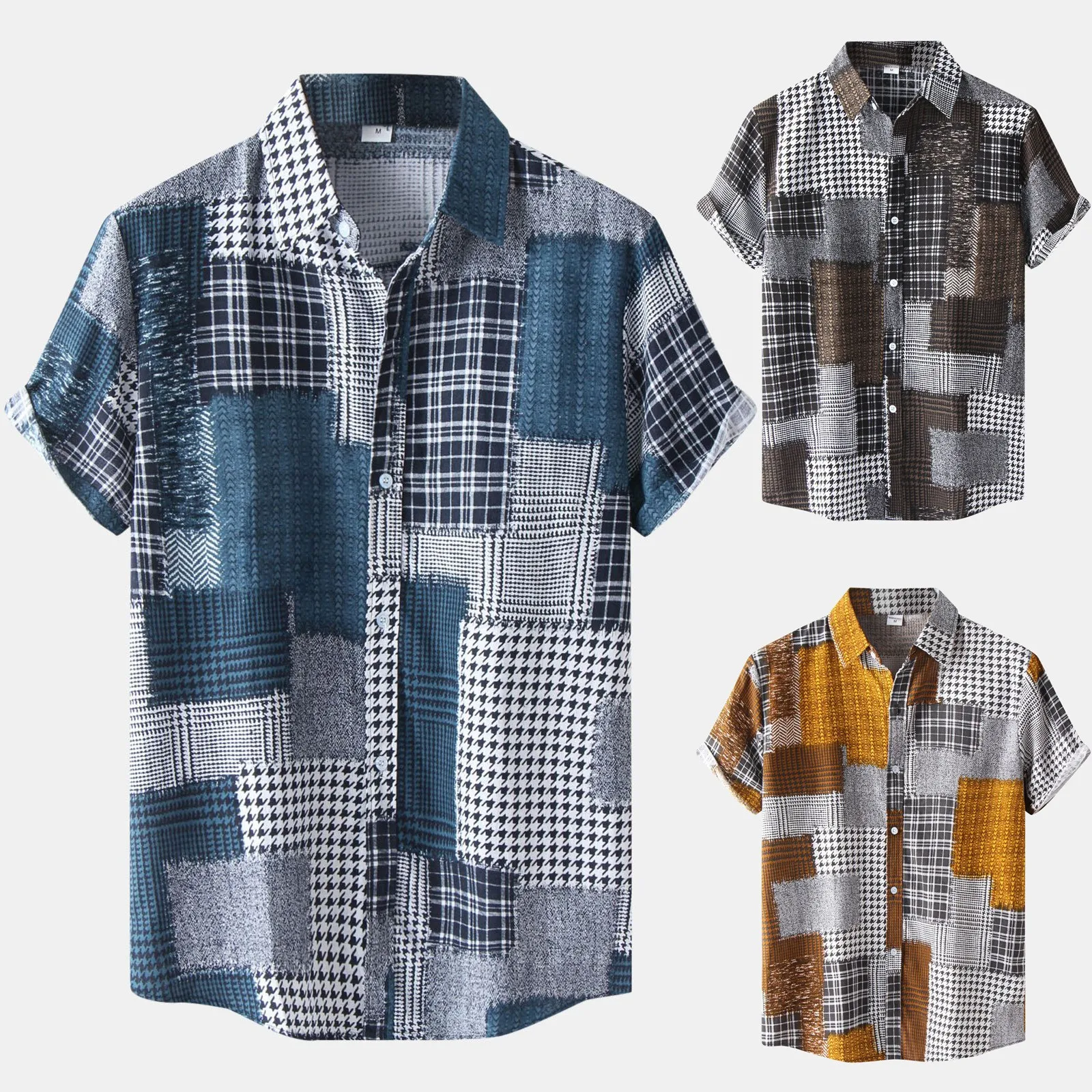 

Camisas De Hombre Men's Shirt 2021 Summer Fashion Casual Check Print Short Sleeve Button Turn-down Shirt Blouse
