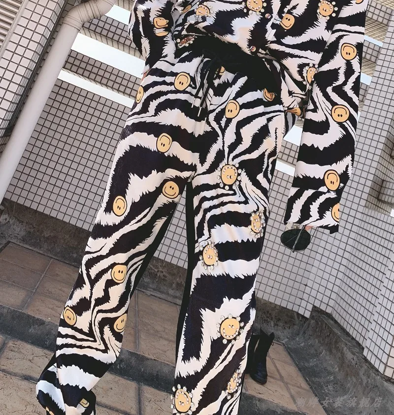

QING MO Women Zebra Printed Pants 2021 Women Cartoon Printed Pants Female Adjustable Waist Harem Pants ZQY6532