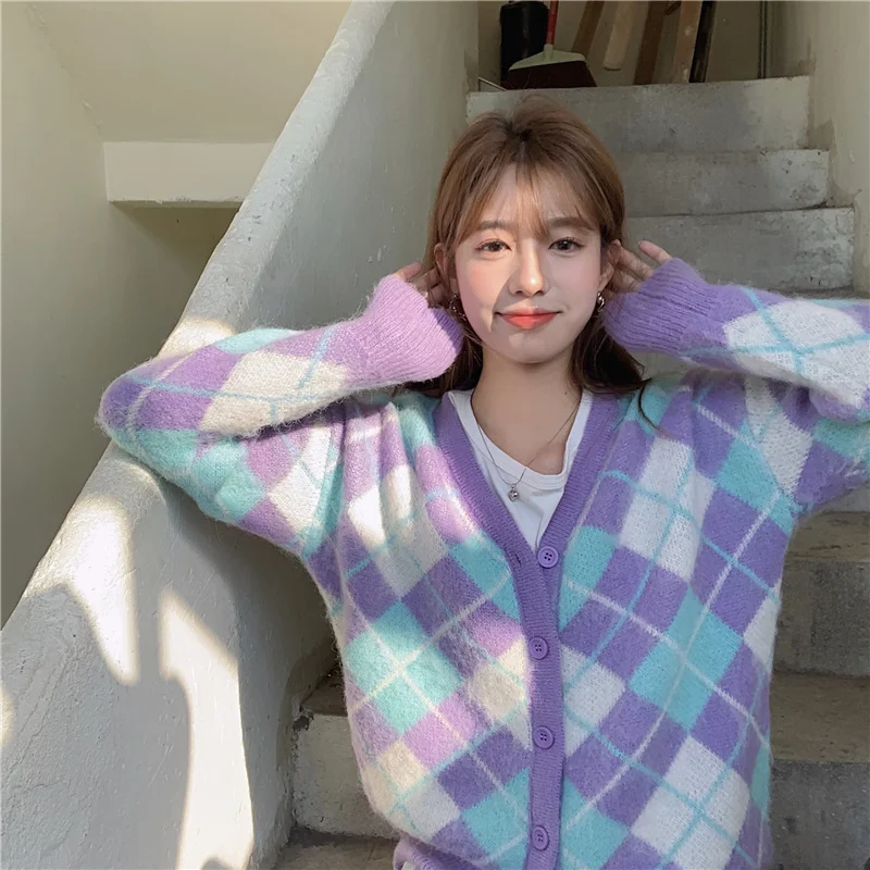 

Lazy Ins Loose Plaid Sweater Female Korean Harajuku Women's Sweaters Japanese Kawaii Ulzzang Vintage Clothing For Women