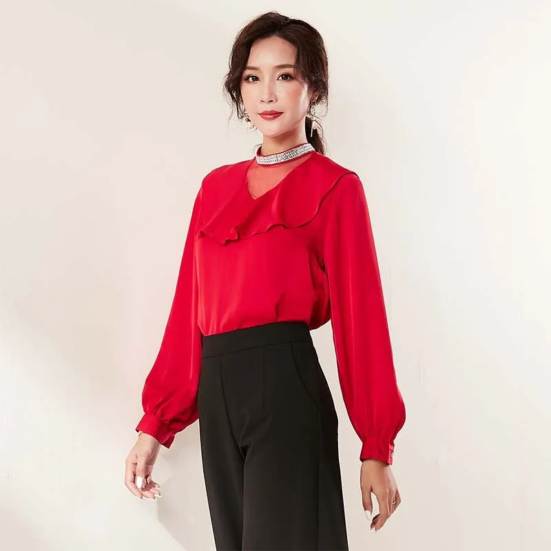 

Womens Tops And Blouses Fashion Ruffle Stand Collar Long Sleeve Korean Elegant Office Ladies Tops Casual Plus Size Shirts Femme