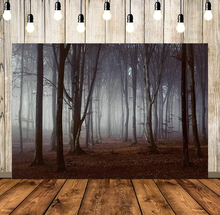 

Misty Woods Photography Backdrop Halloween Horror Gloomy Dark Forest Scary Background Trees Party Decoration Banner Photo Studio