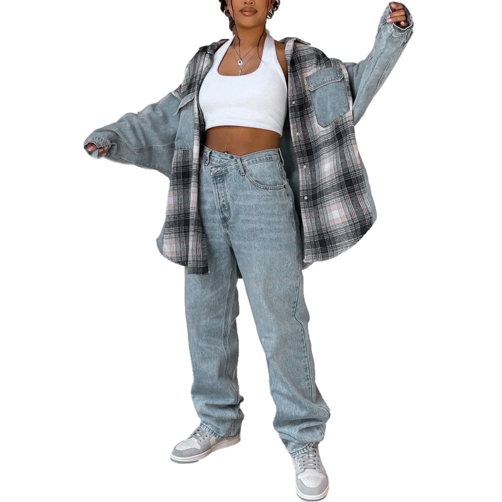 

Women’s Casual Long Sleeve Loose Jacket Fashion Plaid Denim Stitching Lapel Button Cardigan