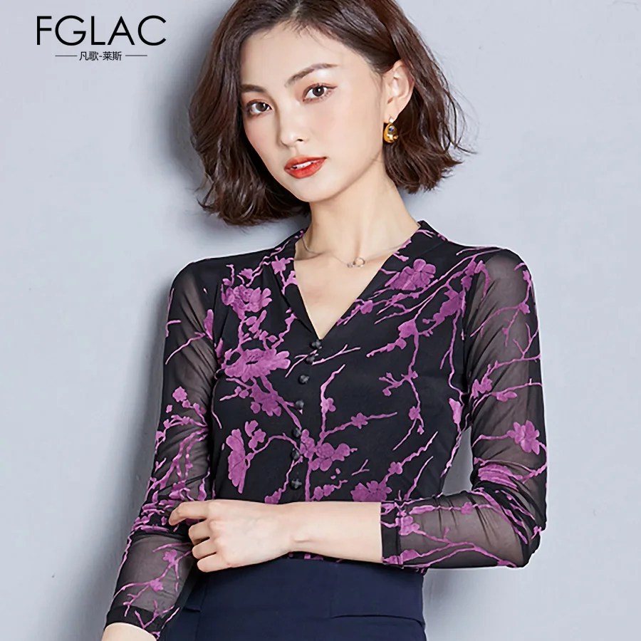 blusas mujer de moda autumn print long sleeve camisa V-neck purple mesh shirt blouse women tops plus size casual blusas