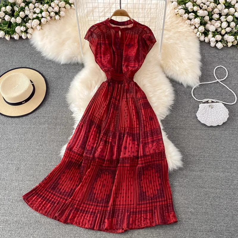 

Vintage Printed Pleated Long Dress Women Black/Red/Khaki Draped Vacation Beach Maxi Vestidos Female Elegant Robe Spring Summer