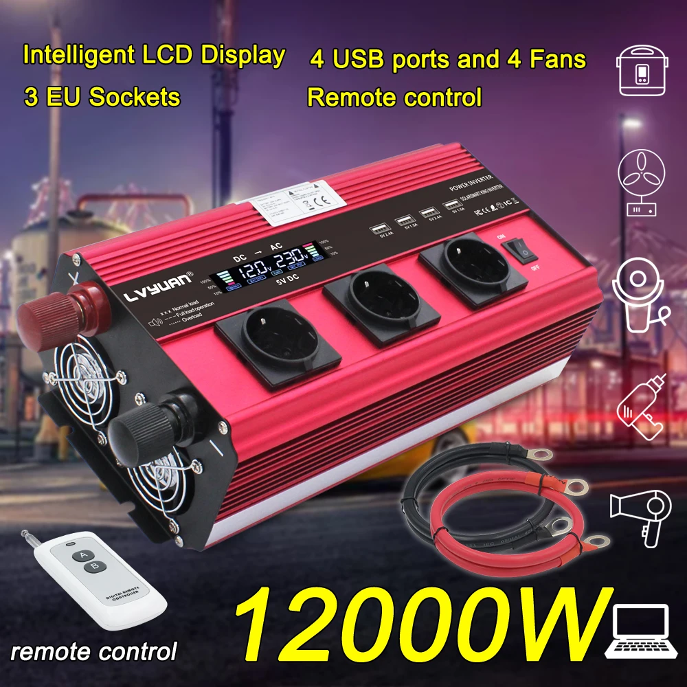 $129.99 12000W Inverter 12v 220v Car inverter 3 Socket EU LCD Large Power Inverter Soler Power Inverter  Car Ac 220v Converter  Inverter