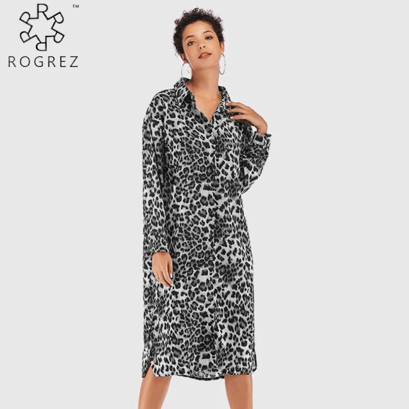 ROGREZ серые коричневые свободные прямые леопардовые платья с отложным воротником
