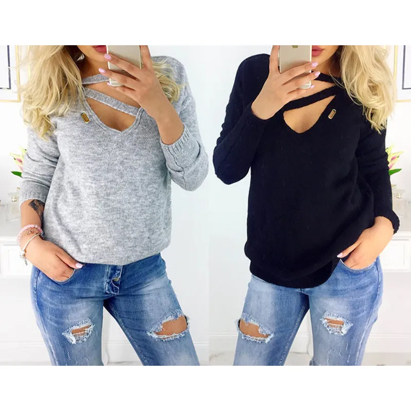 Модный вязаный свитер с v образным вырезом длинными рукавами и отверстиями на