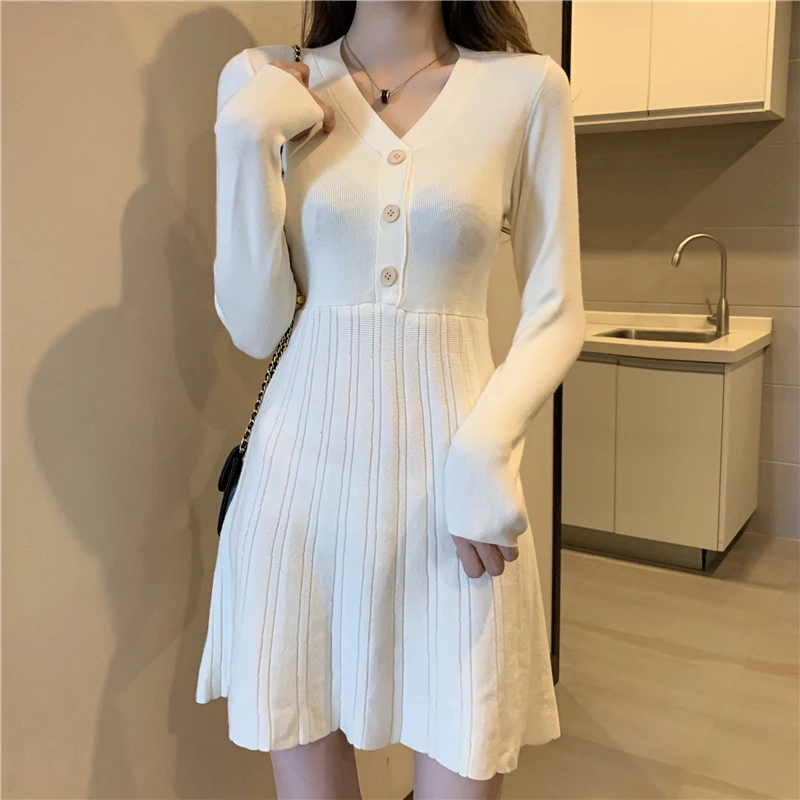 

Shintimes V-Neck Button Long Sleeve Women Dresses England Style Autumn 2020 New Knitted Striped Mini Dress Elasticity Femme Robe